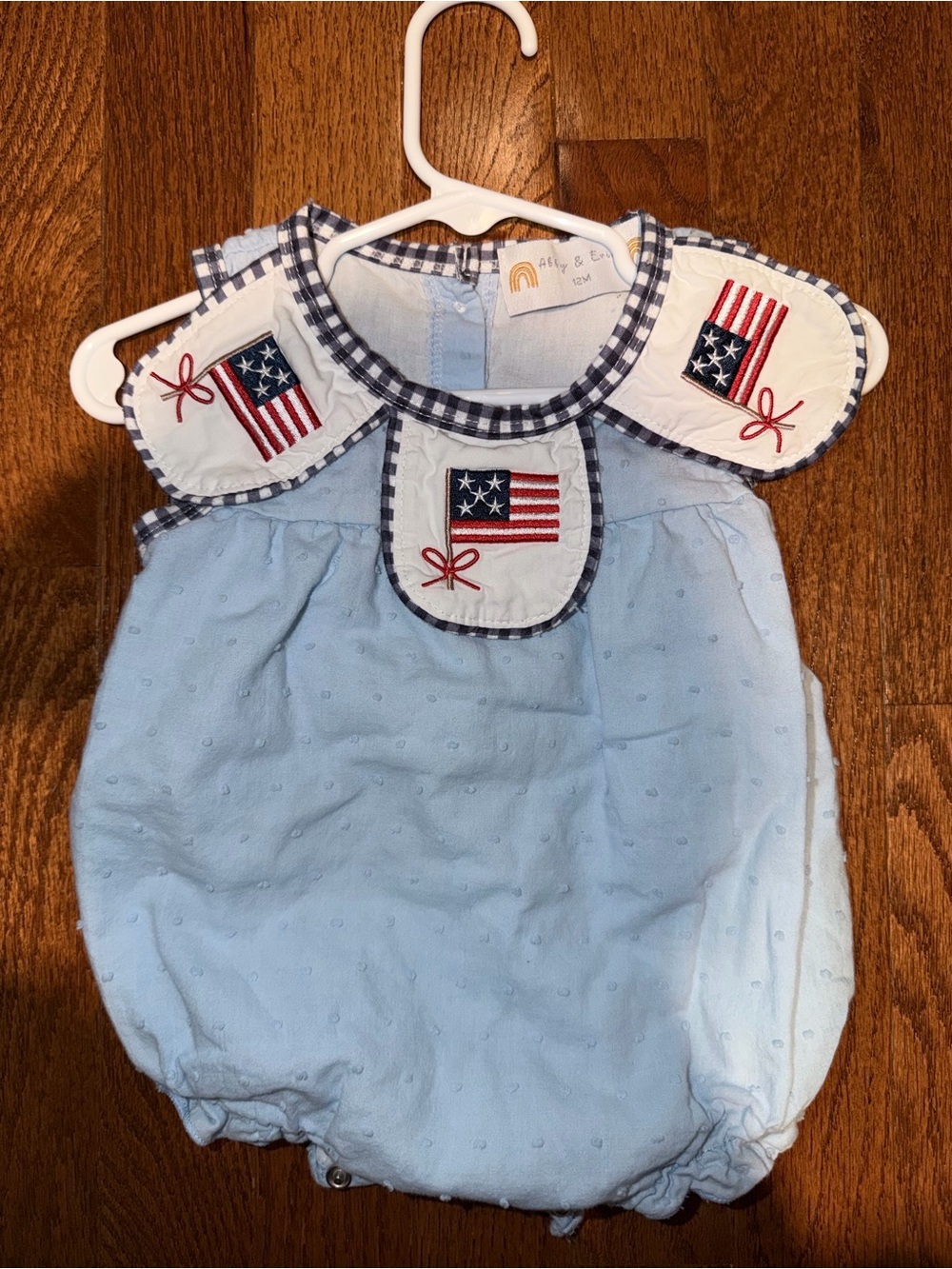 Light Blue Baby Bubble Romper with Patriotic Flag Trim